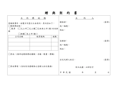 贈 與 契 約 書-立 約 標 的 物因贈與事件，經雙方同意訂立本契約，其內容如下：