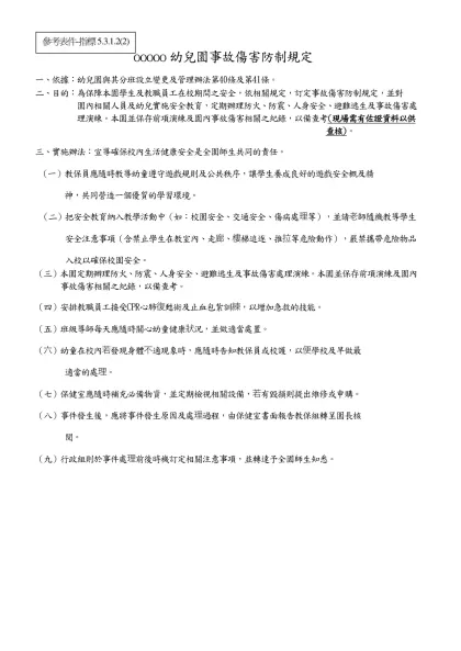 臺南市立第二幼兒園幼兒緊急傷病施救及事故傷害防制實施要點-ooooo幼兒園事故傷害防制規定
