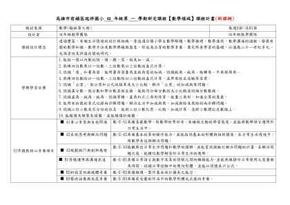 高雄市前鎮區瑞祥國小 四 年級第 一 學期部定課程【數學領域】課程計畫(新課綱)