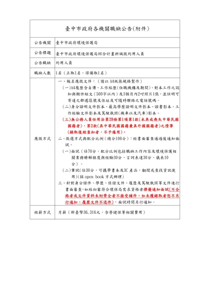 臺中市政府各機關職缺公告(附件)