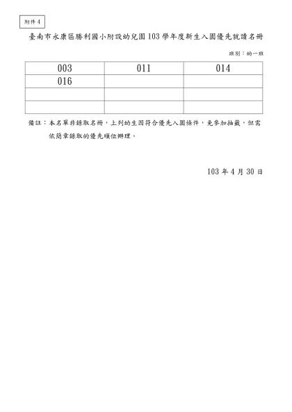 臺南市○○幼兒園102學年度新生入園優先就讀名冊【範例】-臺南市永康區勝利國小附設幼兒園103學年度新生入園優先就讀名冊