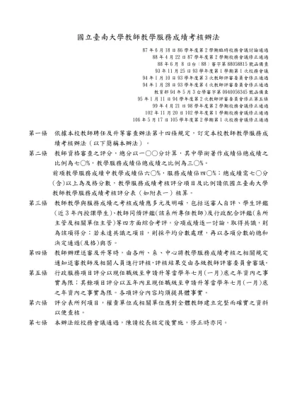 國立臺南大學教師教學服務成績考核辦法修正對照表