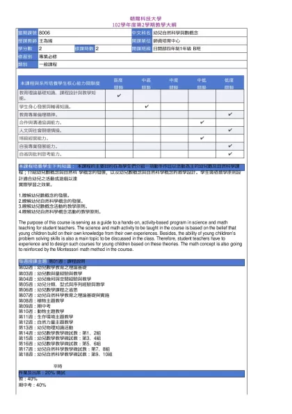 教學大綱_102_2_8006 幼兒自然科學與數概念-朝陽科技大學