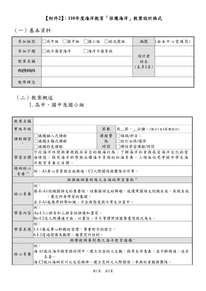 【附件2】：110年度海洋教育「保護海洋」教案設計格式