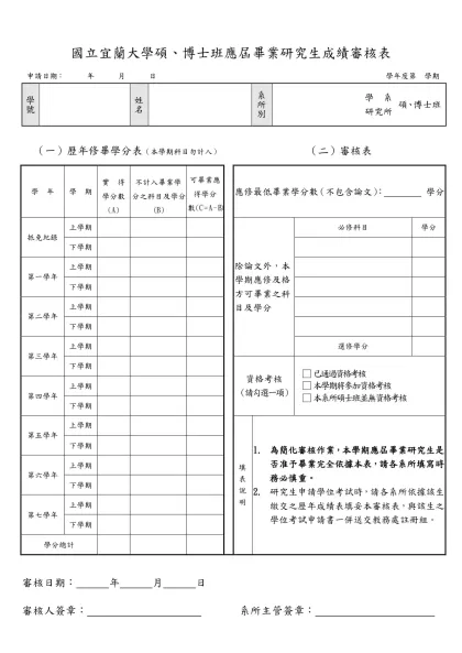 國立宜蘭大學碩、博士班應屆畢業研究生成績審核表