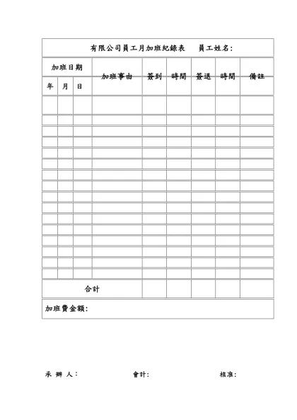 有限公司員工月加班紀錄表 員工姓名: