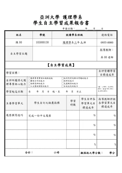 亞洲大學 護理學系-學生自主學習成果報告書