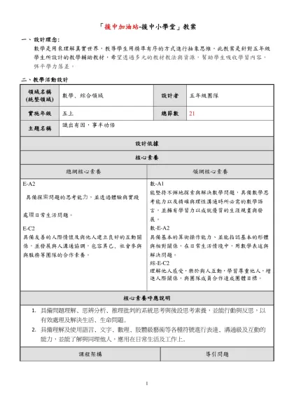 「援中加油站-援中小學堂」教案-設計理念:數學是用來理解真實世界，教導學生用精準有序的方式進行抽象思維。此教案是針對五年級學生所設計的教學輔助教材，希望透過多元的教材教法與資源，幫助學生吸收學習內容，