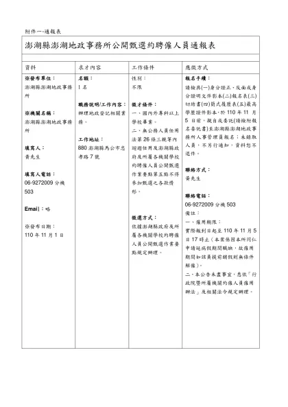 附件一-通報表-澎湖縣澎湖地政事務所公開甄選約聘僱人員通報表