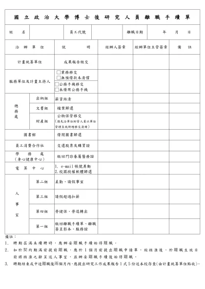 國立政治大學教師、助教離職手續單-國 立 政 治 大 學 博 士 後 研 究 人 員 離 職 手 續 單