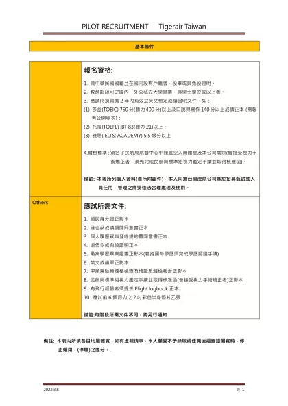 PILOT RECRUITMENT Tigerair Taiwan-基本條件