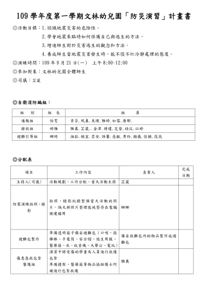 103學年度柏欣幼兒園【防災演練】-109學年度第一學期文林幼兒園「防災演習」計畫書