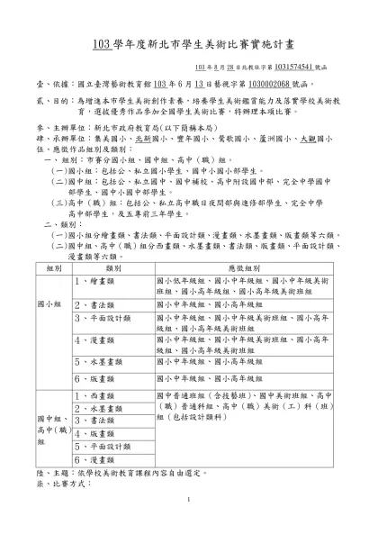 94學年度全國學生美術比賽實施要點-103學年度新北市學生美術比賽實施計畫