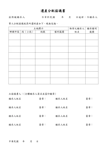 遺產分割協議書 ﹝範例﹞-遺產分配協議書