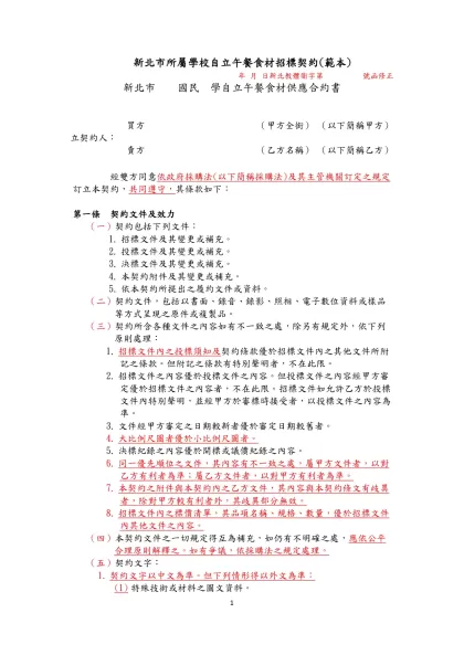 附件3-2 食材及點心供應合約書參考範本〈提供參考，各校(園)可依其需求增刪〉-新北市所屬學校自立午餐食材招標契約(範本)
