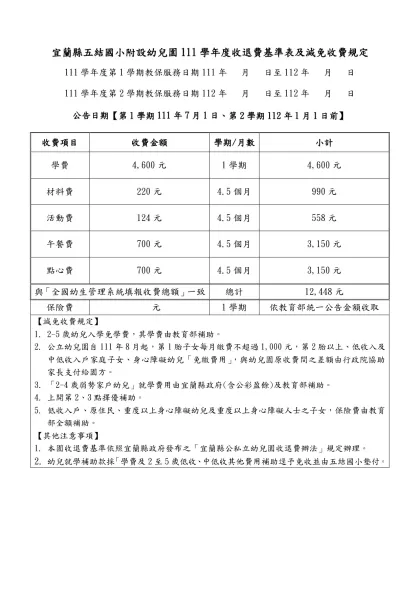103學年度第1學期「5歲幼兒免學費教育計畫」補助-宜蘭縣五結國小附設幼兒園111學年度收退費基準表及減免收費規定