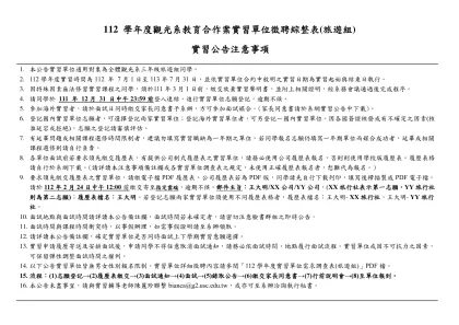 112 學年度觀光系教育合作案實習單位徵聘綜整表(旅遊組)