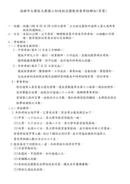 高雄市大寮區大寮國小附設幼兒園教保員考核辦法(草案)