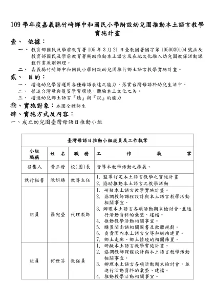 嘉義縣朴子市大鄉國小附設幼兒園推動臺灣母語日實施計劃-109學年度嘉義縣竹崎鄉中和國民小學附設幼兒園推動本土語言教學實施計畫