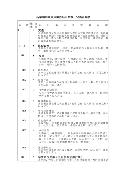 各 業 適 用 資 產 負 債 表 科 目