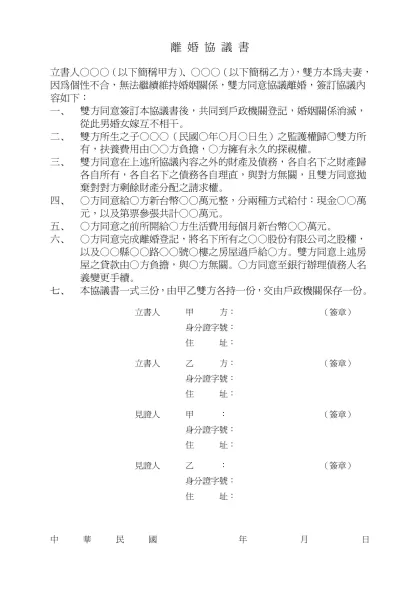 離 婚 協 議 書-立書人○○○（以下簡稱甲方）、○○○（以下簡稱乙方），雙方本為夫妻，因為個性不合，無法繼續維持婚姻關係，雙方同意協議離婚，簽訂協議內容如下：