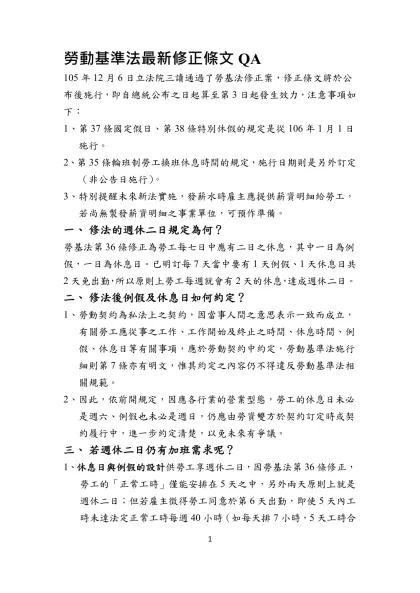 勞動基準法最新修正條文QA-105年12月6日立法院三讀通過了勞基法修正案，修正條文將於公布後施行，即自總統公布之日起算至第3日起發生效力，注意事項如下：