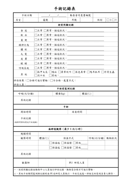 手術紀錄表-手術記錄表-手術日期 / / 動委會同意書編號