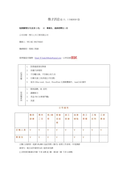 徵才訊息【2月、3月報到皆可】-短期實習生可(至多2名) 或 畢業生、進修部學生1名