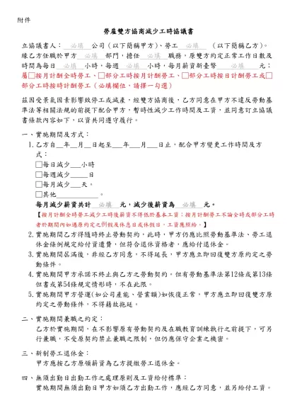 因景氣因素，勞雇雙方協商減少工時簽訂同意書範例-勞雇雙方協商減少工時協議書