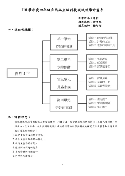 110學年度四年級自然與生活科技領域教學計畫表
