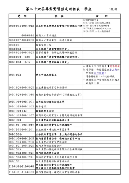 專業實習時程表-第二十六屆專業實習預定時程表－學生 109.09