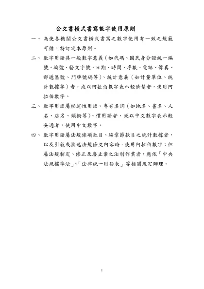 公文橫式書寫數字使用之原則-為使各機關公文書橫式書寫之數字使用有一致之規範可循，特訂定本原則。