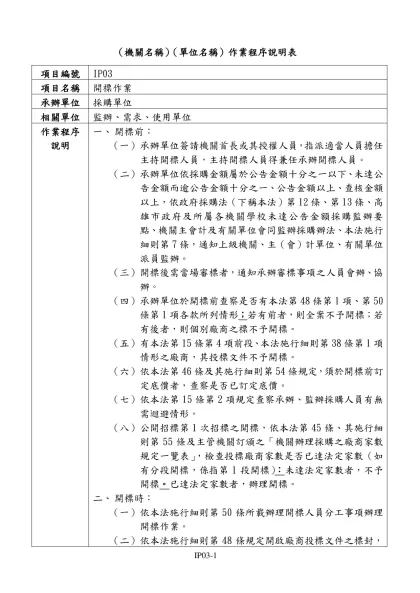 行政院公共工程委員會 作業程序說明表-（機關名稱）（單位名稱）作業程序說明表