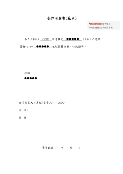合作同意書(範本)-本人（單位）__(((__同意接受__(((((__（全銜）之邀約，擔任 110年__(((((__之駐團藝術家，特此證明。