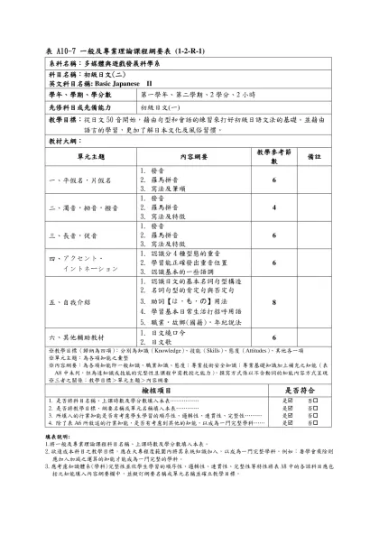 表 A10-1 一般及專業理論課程綱要表 (1-1-R-1)