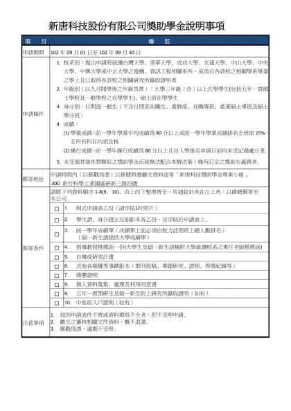 新唐科技股份有限公司獎助學金說明事項