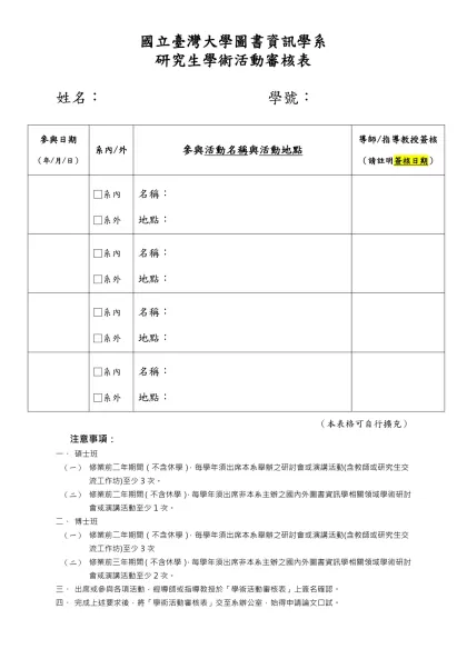 國立陽明大學學生課外活動紀錄審核表-國立臺灣大學圖書資訊學系