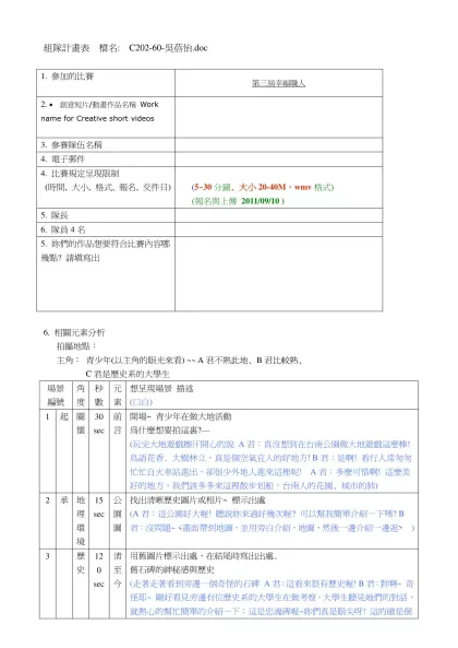 組隊計畫表 檔名: 班級-座號-姓名 (多人組隊請把座號寫在一起用橫線隔開)-組隊計畫表 檔名: C202-60-吳蓓怡.doc