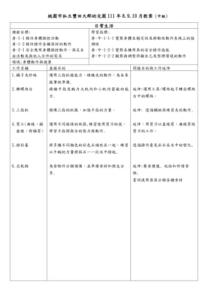 桃園市私立豐田大郡幼兒園111年8.9.10月教案 (中組)