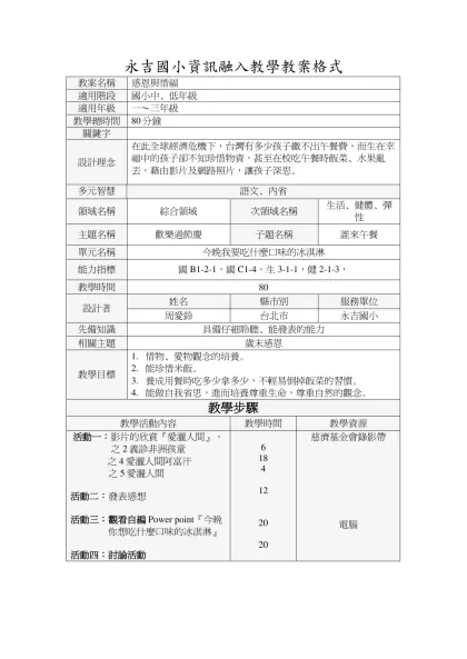 永吉國小資訊融入教學教案格式-教案名稱感恩與惜福適用階段