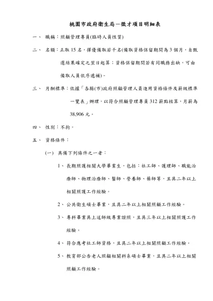 照顧管理專員徵才項目明細表-桃園市政府衛生局－徵才項目明細表