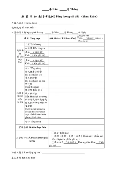 薪 資 明 細 表-_____年Năm _____月Tháng
