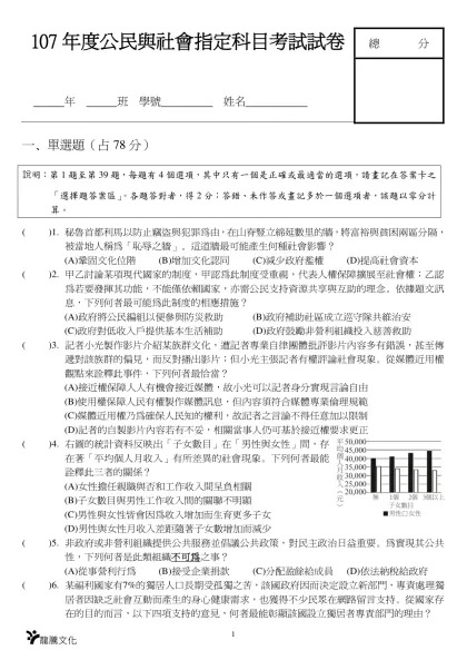 第壹部分選擇題（占55分）-107年度公民與社會指定科目考試試卷
