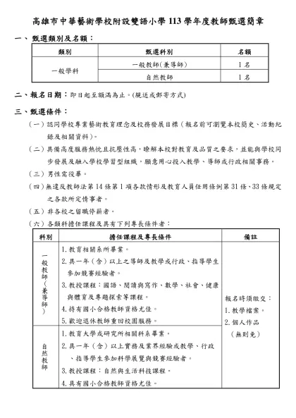 高雄市中華藝術學校高中部九十九學年度專業術科教師甄選簡章-高雄市中華藝術學校附設雙語小學113學年度教師甄選簡章