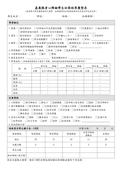 範本檔-嘉義縣身心障礙學生初篩結果彙整表