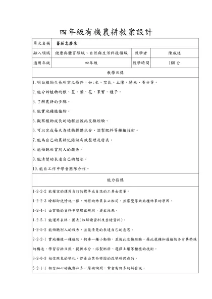 四年級有機農耕教案設計-單元名稱蕃茄怎麼來融入領域