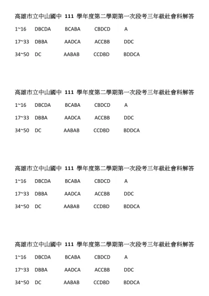高雄市立中山國中111學年度第二學期第一次段考三年級社會科解答
