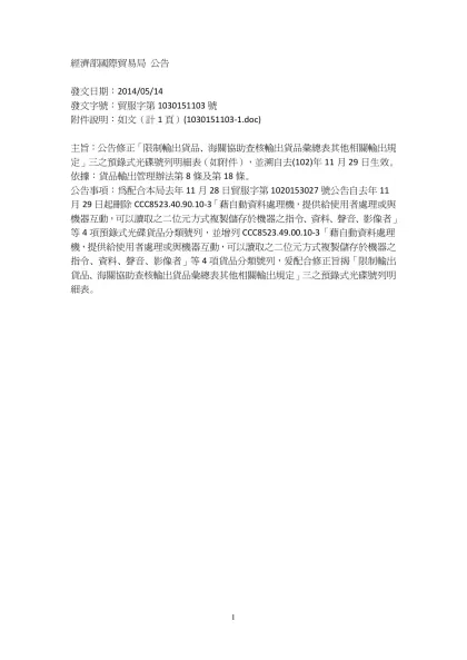 輸出應壓印標示SID Code之預錄式光碟號列修訂明細表-經濟部國際貿易局 公告 發文日期：2014/05/14 發文字號：貿服字第1030151103號 附件說明：如文（計1頁）(103015110