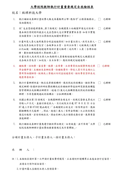 計畫執行重要規定自我檢核表範例（草案）-大學校院教師執行計畫重要規定自我檢核表