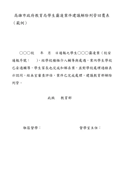 高雄市政府教育局學生霸凌案件建議解除列管回覆表（範例）